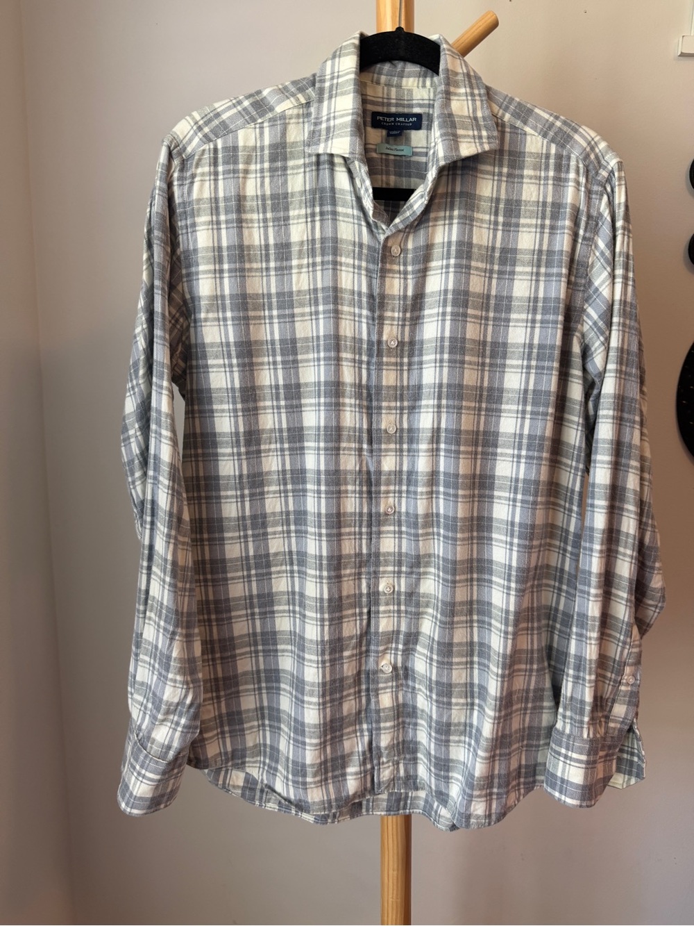 Peter Millar Italian Flannel Long Sleeve Shirt Gray Ivory Plaid Mens Size Medium